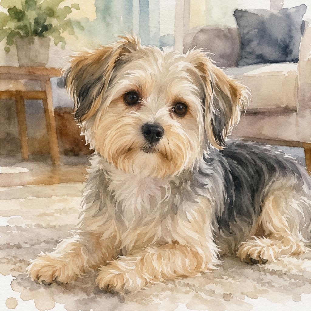 Chien senior hybride style aquarelle, seul dans un salon cosy, expression détendue, pelage réaliste et lumière douce