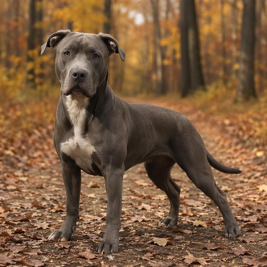 Studio-style portrait of a single pitbull mutt dog in an autumn forest, relaxed, well-groomed, with soft light.