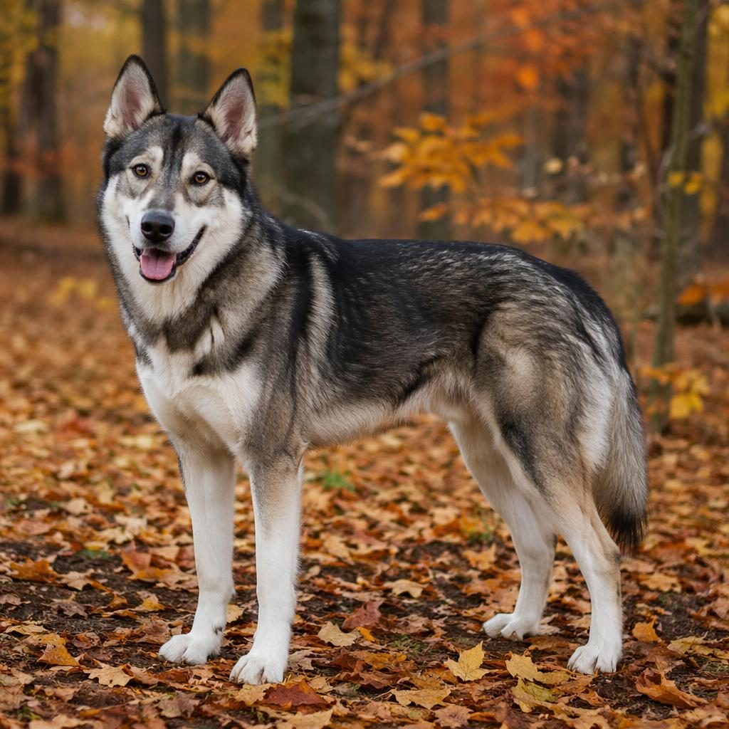 Single realistic young adult mixed-breed dog with husky-labrador traits standing in an autumn forest, soft natural light