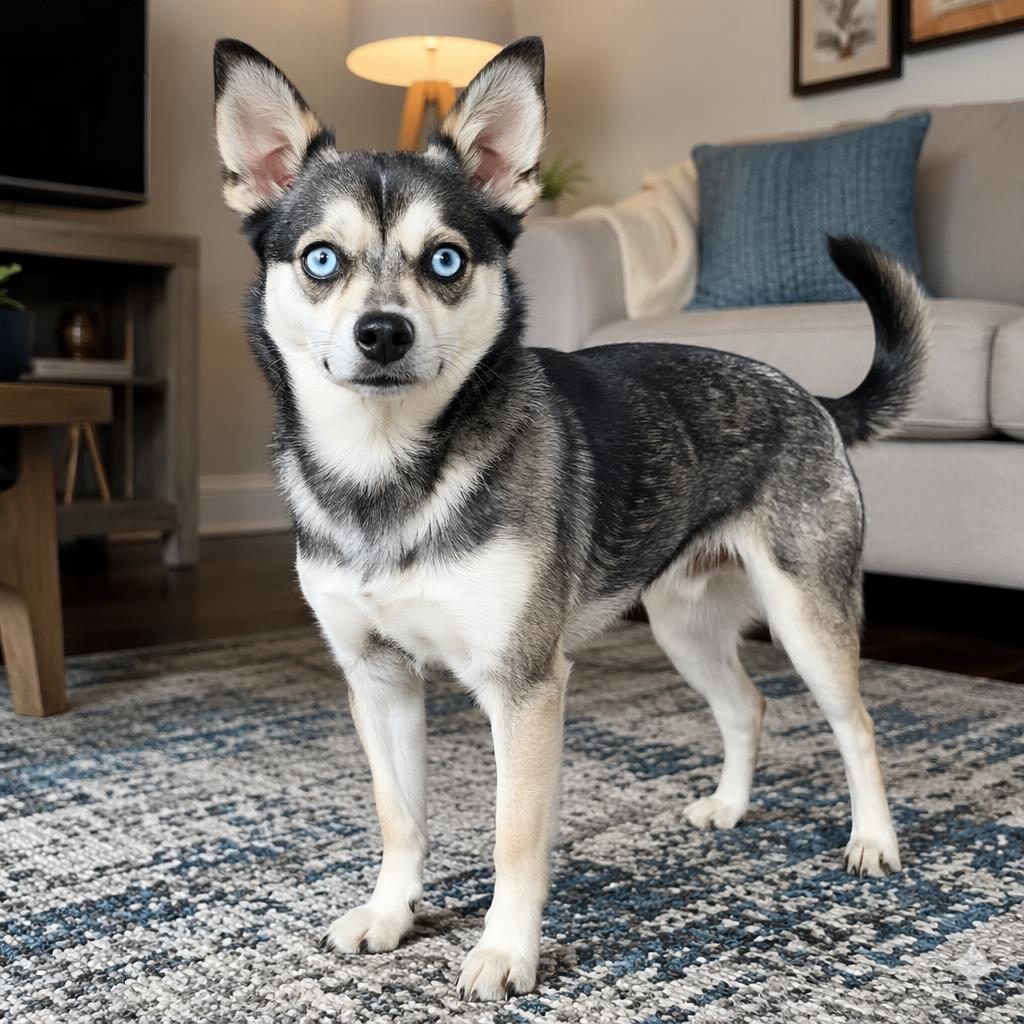 Studio-style photo of a single chihuahua x husky mix dog resting in a cozy living room with soft natural light.
