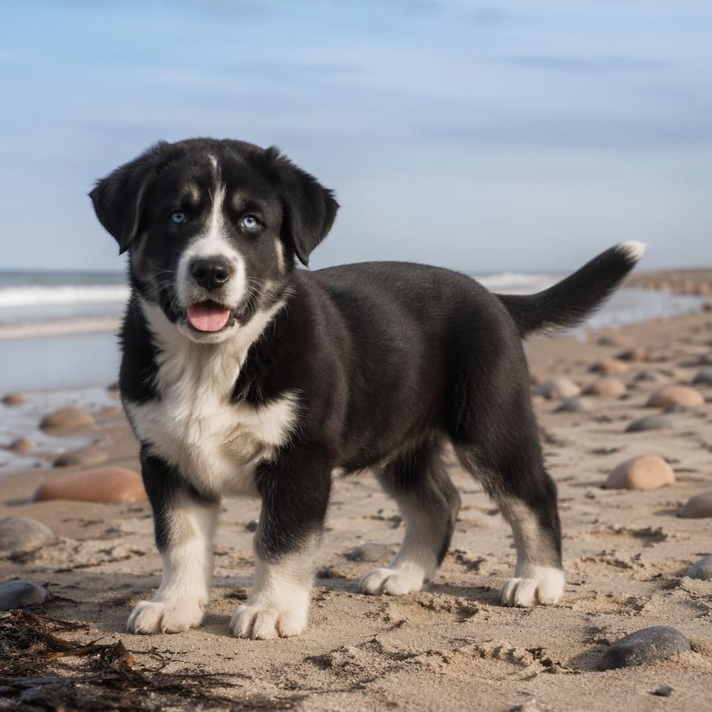 Illustration eines Beagle-Neufundländer-Mix-Welpen am Strand mit weichem Licht, freundlichem Blick und realistischem Fell