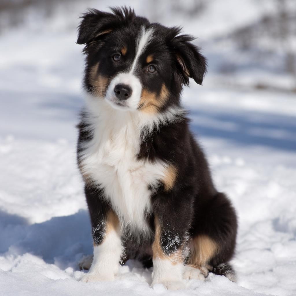 Editorial portrait of a friendly aussie border collie mix puppy standing in snow with soft natural light and sharp fur detail.