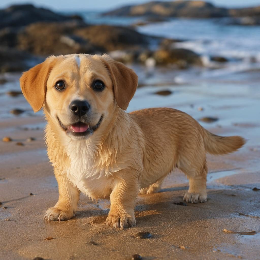 Photoreal corgi labrador puppy mix standing on a beach with a relaxed expression, soft light, sharp fur detail