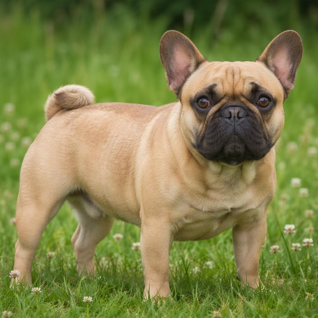 Photoreal illustration of a single friendly french bulldog x pug dog standing in a grass meadow in soft natural light.