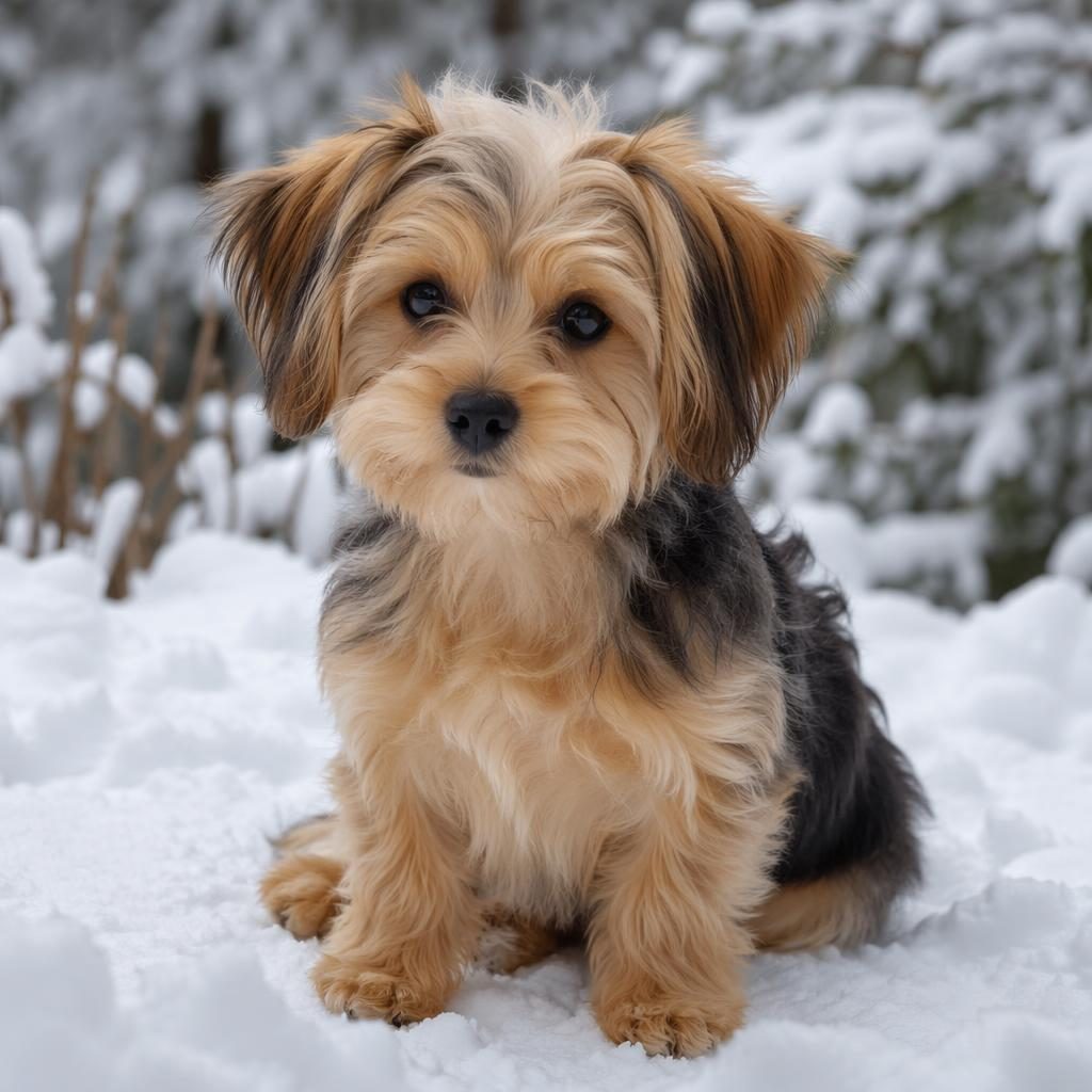 Cachorro mestizo estilo bichón maltés y yorkshire en paisaje nevado, retrato editorial, luz natural suave.