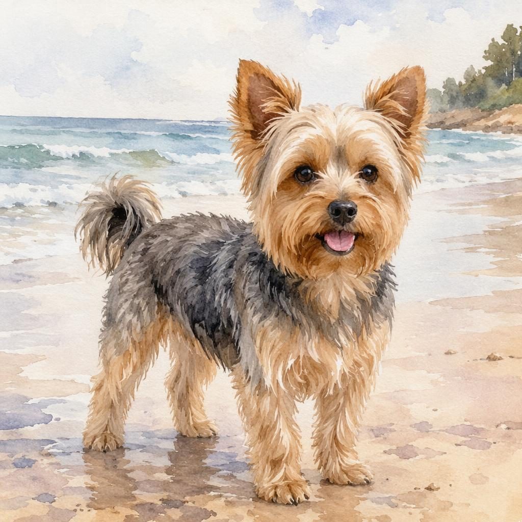 Watercolor-style portrait of a single relaxed mixed-breed dog on a beach with soft light, rare coat coloring, and realistic fur.