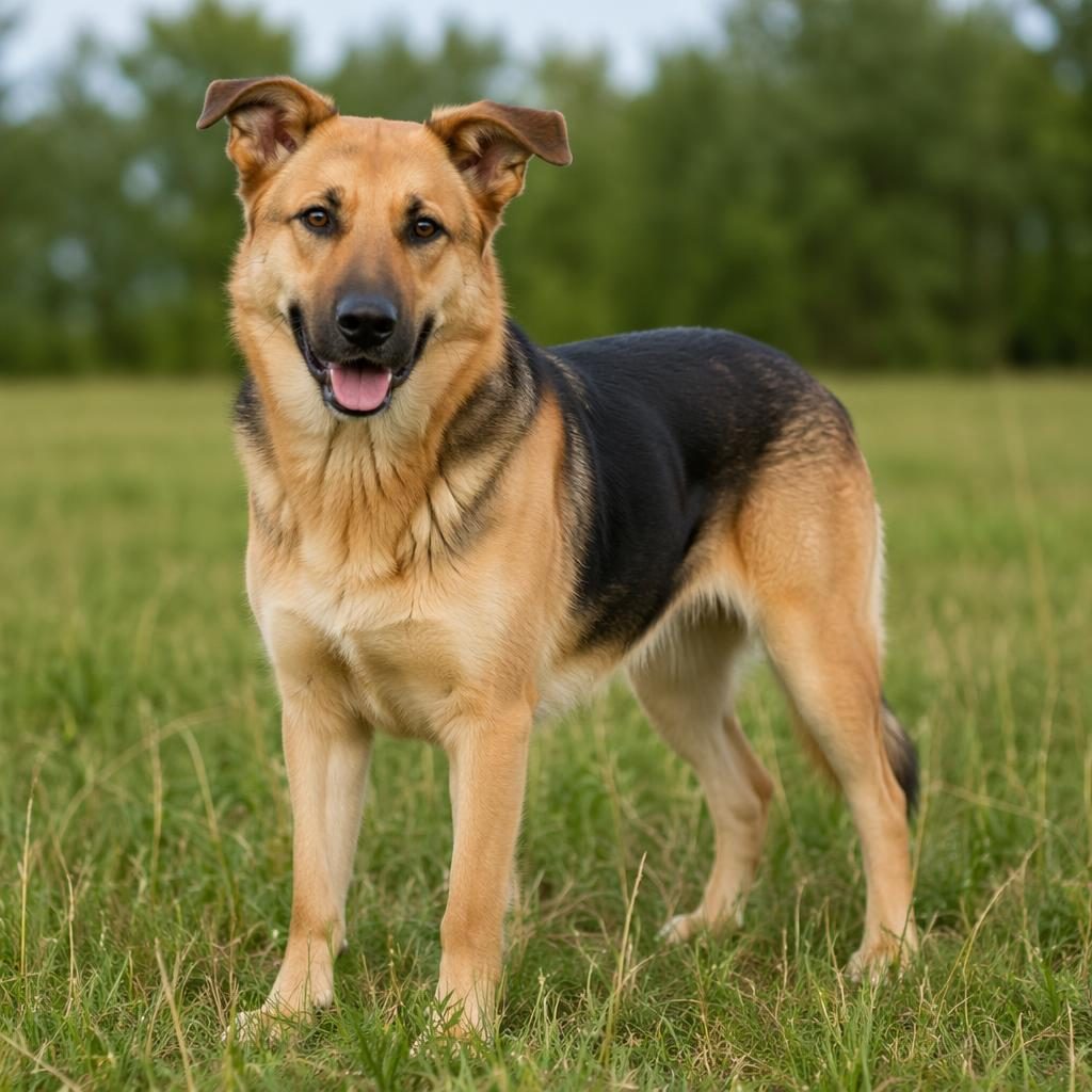 Photorealistic adult hybrid dog with German Shepherd and Labrador traits standing in a grass meadow.