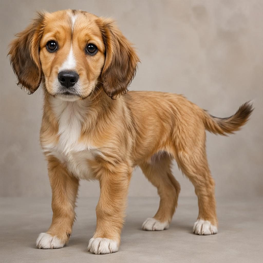Photo-real illustration of a friendly aspin crossbreed puppy with soft fur, relaxed pose, and neutral background.
