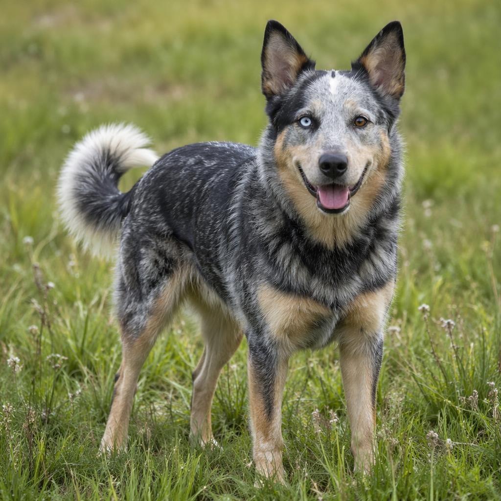 Photo-real editorial portrait of a single red heeler husky mix dog standing in a grass meadow in soft natural light.