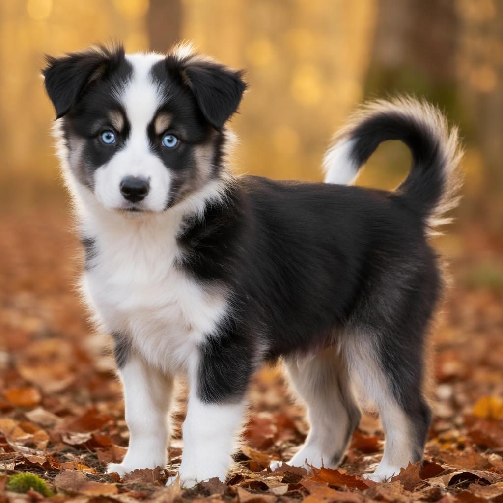 Studio portrait of a senior mixed-breed dog in an autumn forest setting with soft light, sharp fur detail, and a relaxed look.
