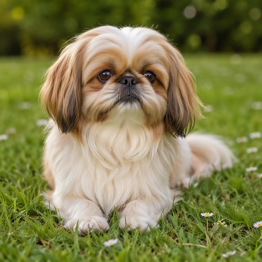 Perro mestizo joven tipo cruce de shitzu con pequines, posando solo en un prado con luz natural suave.