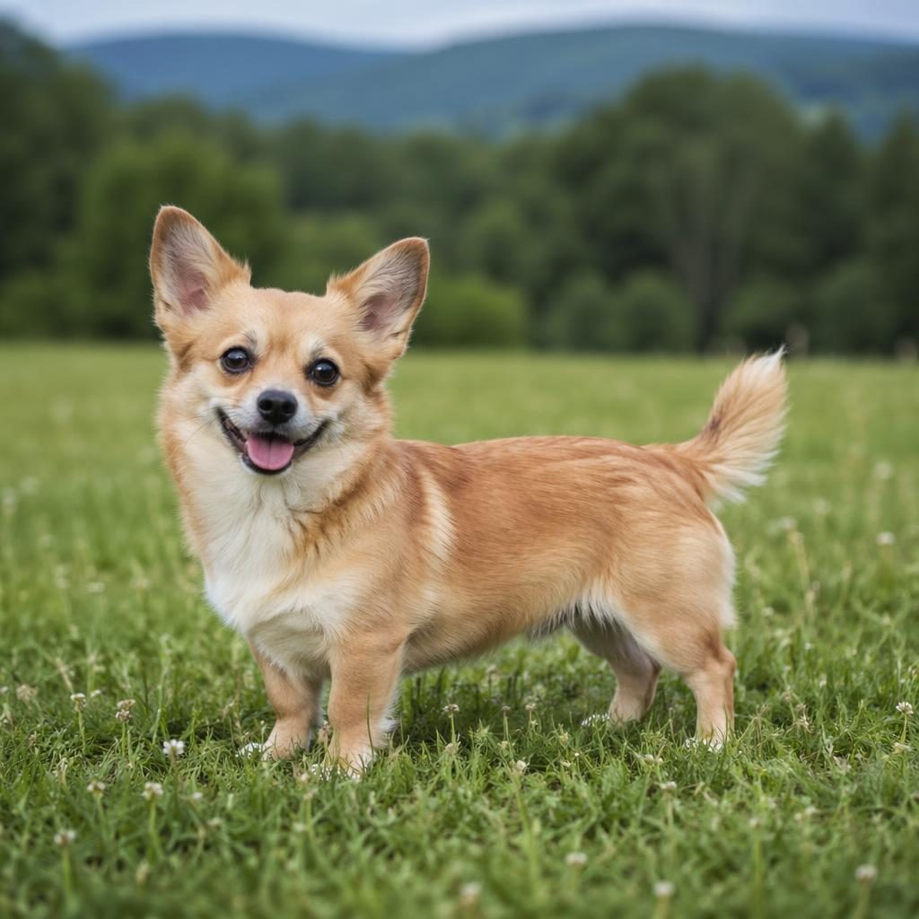 Dorosły miks corgi i chihuahua stoi na trawiastej łące, z krótkimi łapami, sterczącymi uszami i miękką sierścią.