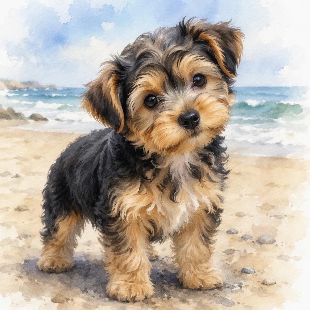 Cachorro mestizo tipo raza yorkie poo en acuarela, solo en la playa, expresión amigable, pelaje cuidado y luz suave.