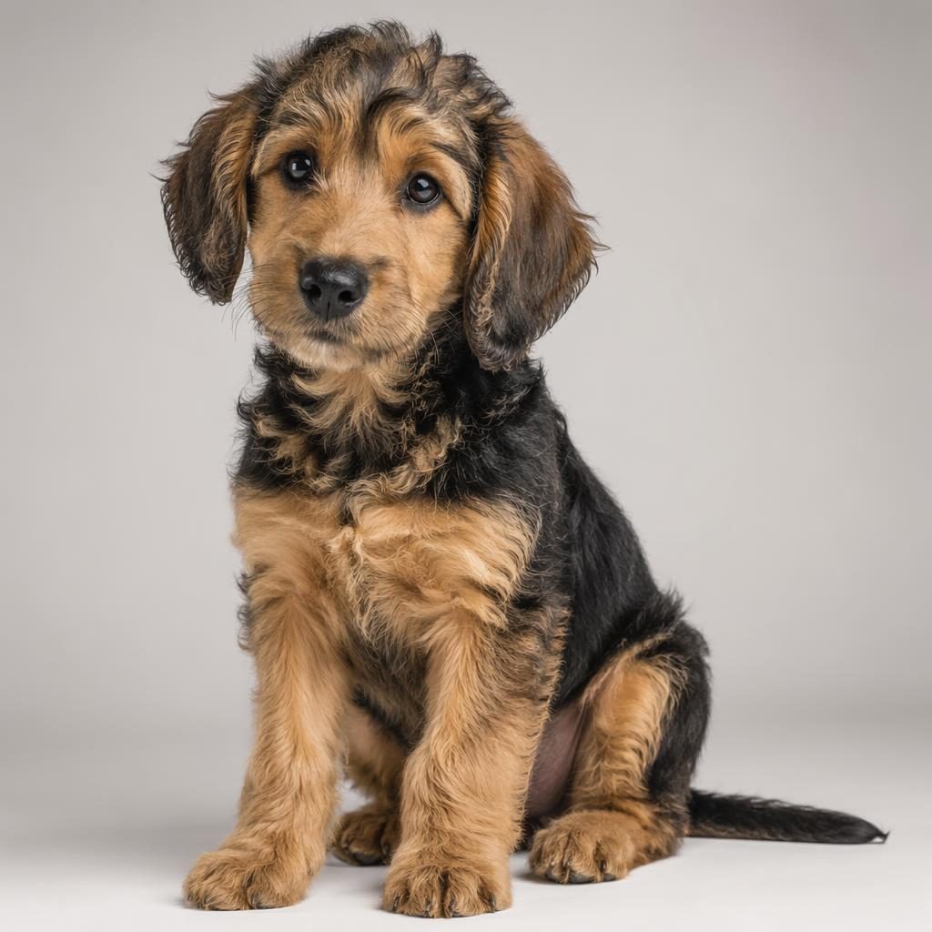 Einzelner junger Hundemix aus Deutschem Schäferhund und Pudel im Studio vor neutralem Hintergrund.