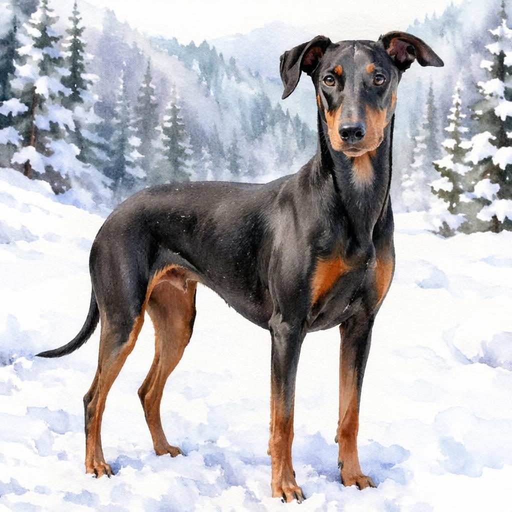 Ein einzelner Dobermann-Whippet-Mix mit seltenem Fellmuster steht entspannt in einer verschneiten Landschaft.