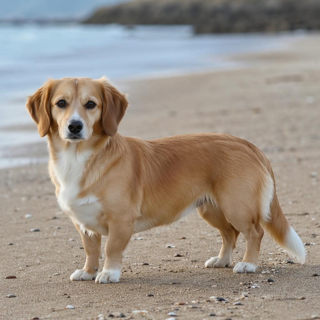 Ein einzelner freundlicher Hundemischling mit Dackel- und Golden-Retriever-Merkmalen steht entspannt am Strand.