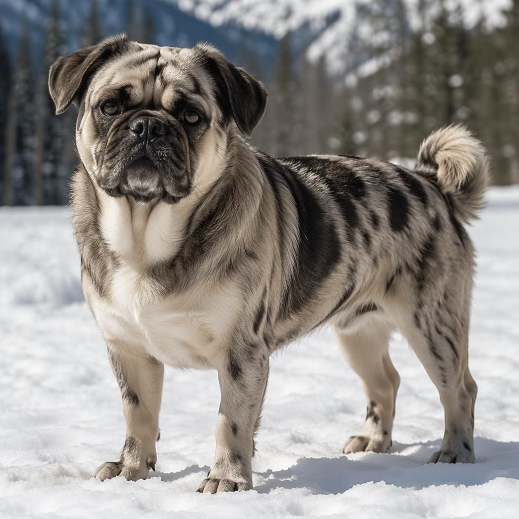 Single realistic mixed-breed dog with unusual coat in a snowy landscape, relaxed expression, soft natural light.