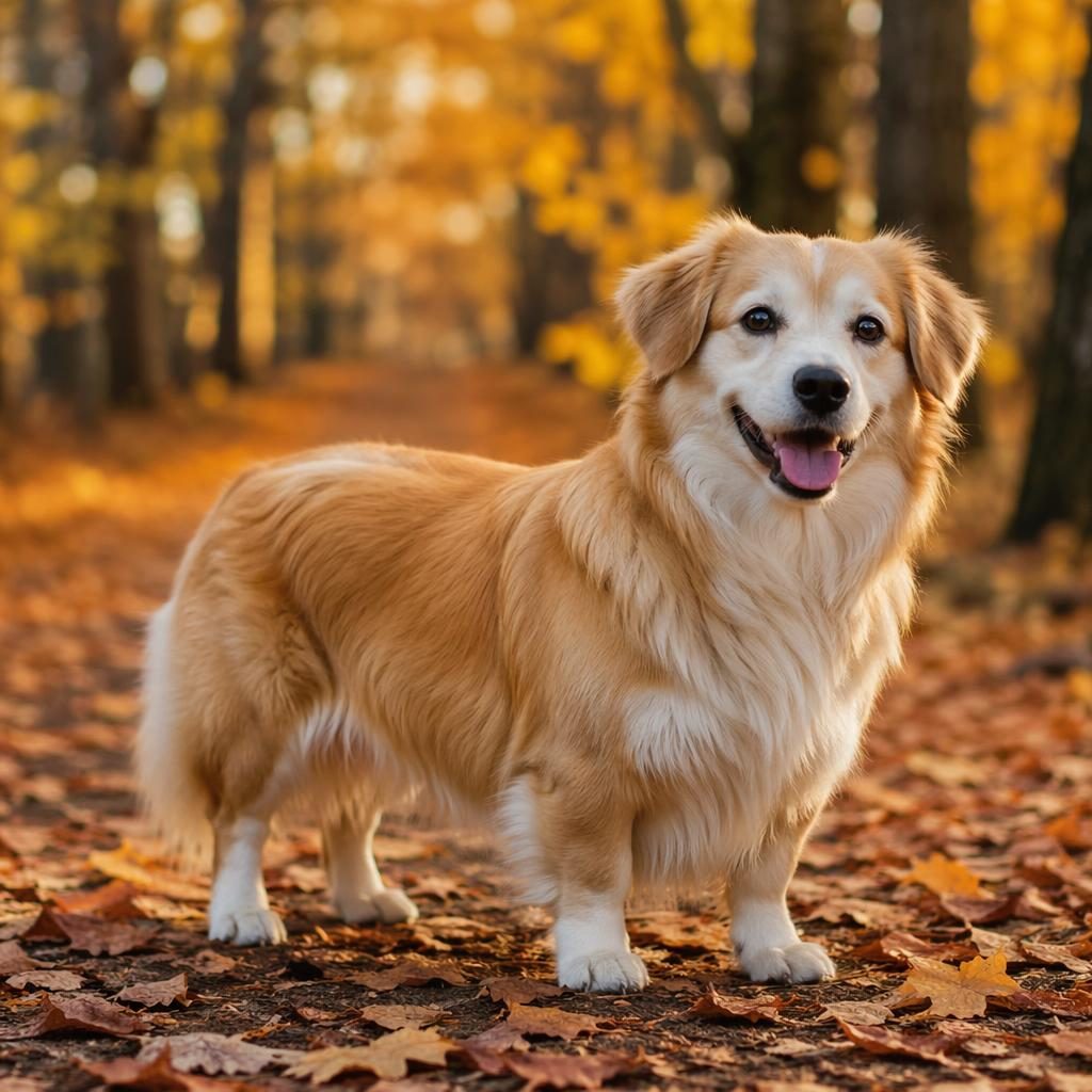 Ein einzelner senioriger Hundemischling mit weichem Fell steht entspannt in einem herbstlichen Wald bei natürlichem Licht.