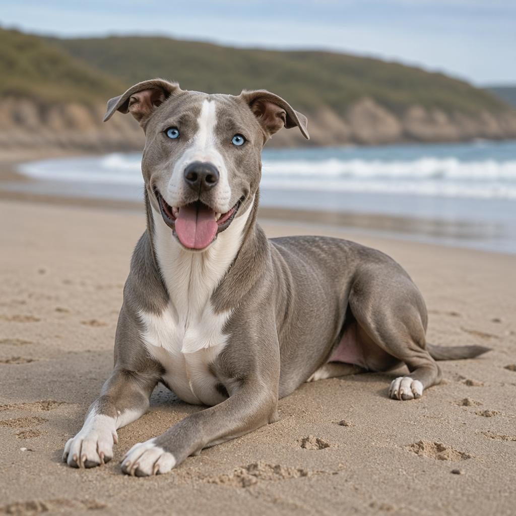 Ein einzelner erwachsener Husky-Weimaraner-Mix mit seltener Fellfarbe, entspannt und gepflegt, am Strand bei weichem Licht.