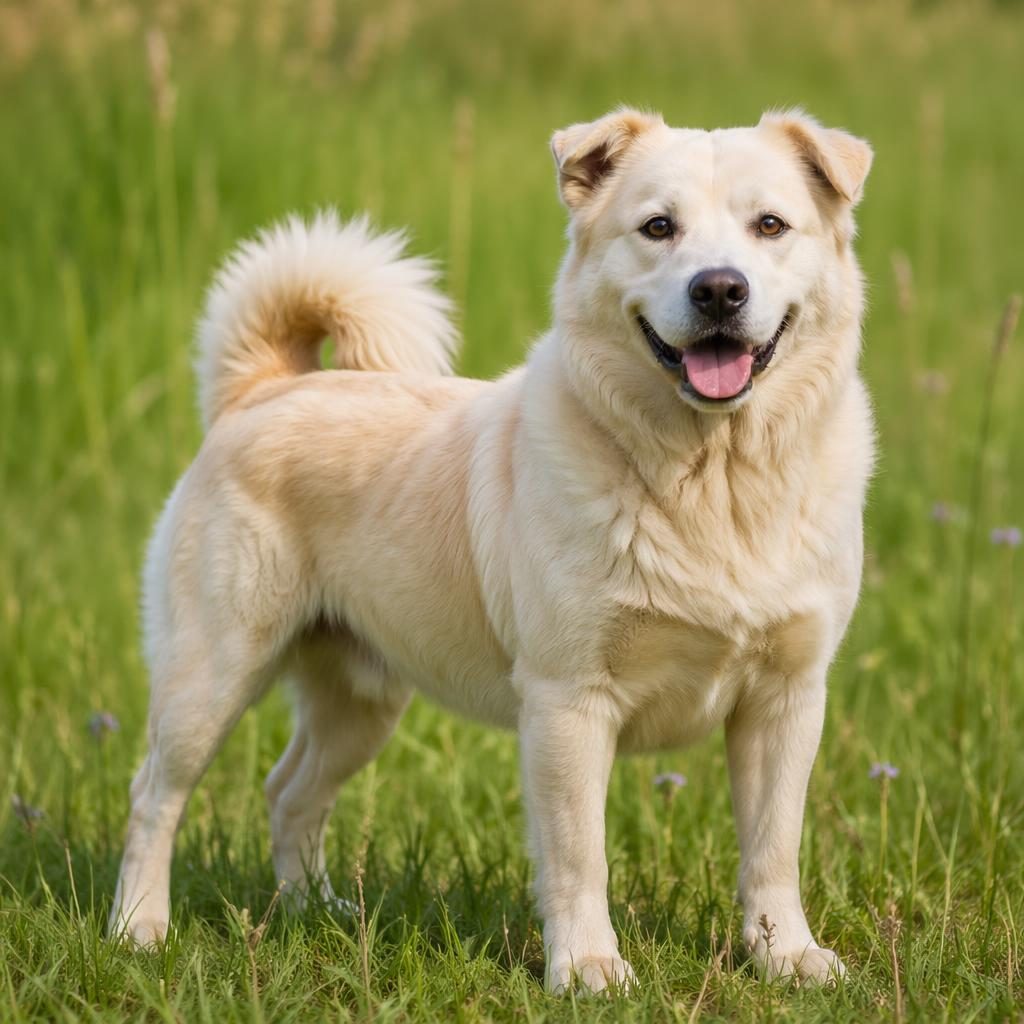 Realistic single hybrid dog in a grass meadow with a friendly relaxed expression, soft fur, natural light, and sharp focus.