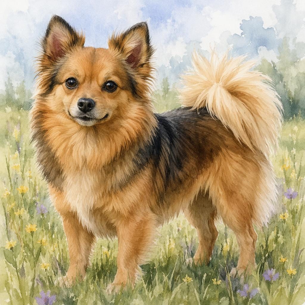 Watercolor portrait of a senior hybrid dog in a grass meadow, relaxed and well-groomed with soft natural light.