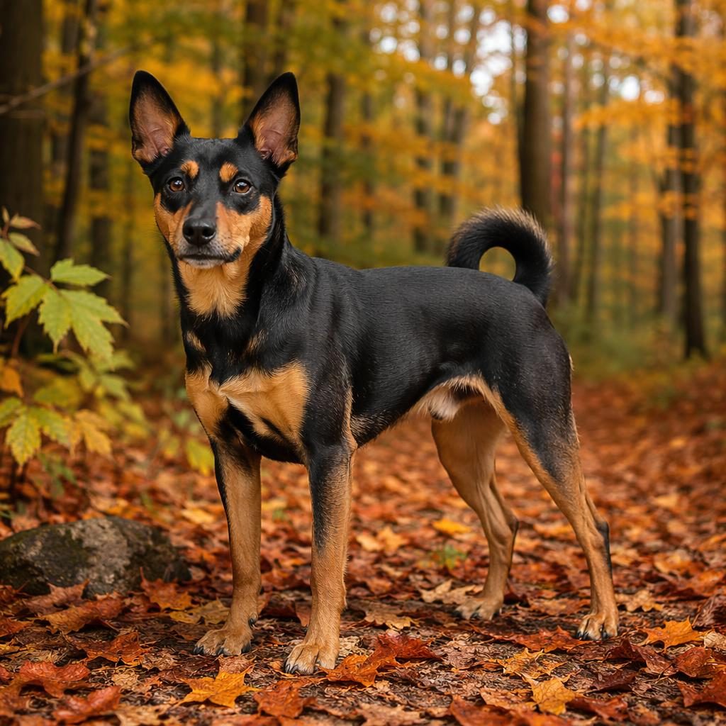 Illustration of a senior mixed-breed dog in an autumn forest with blended shepherd-like build, soft light, and realistic fur.