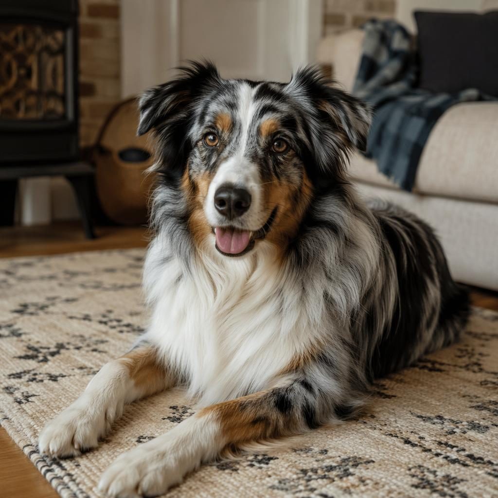 Portrait éditorial d’un chien senior seul, détendu, au pelage réaliste, dans un salon cosy à lumière naturelle.