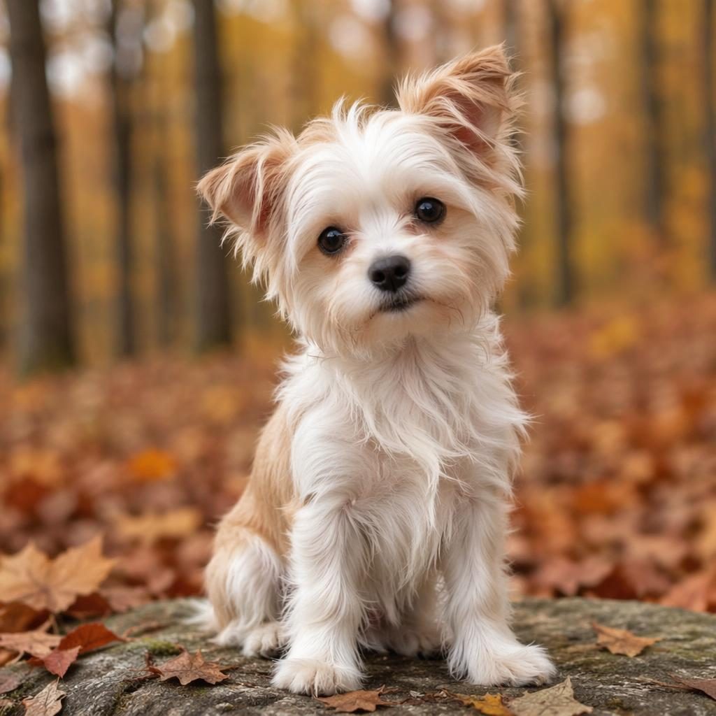 Single senior mixed-breed dog in a studio autumn forest setting, relaxed pose, soft light, sharp fur detail.