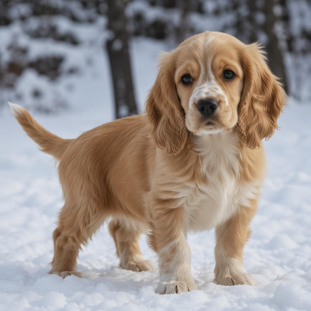 Ein einzelner Dogge-Corgi-Mix als Welpe steht entspannt in verschneiter Landschaft bei weichem Tageslicht.