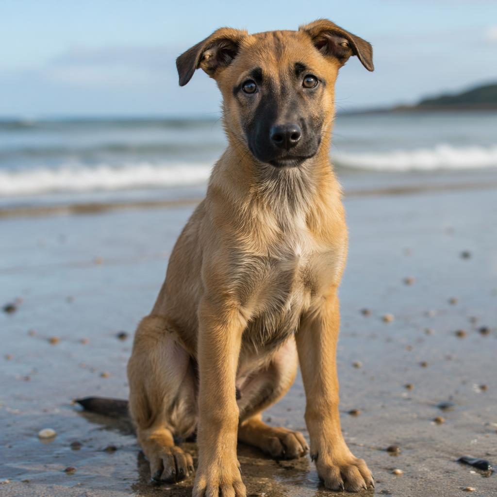 Single mixed-breed puppy on a beach, relaxed and friendly, with realistic fur, soft light, and sharp editorial detail.