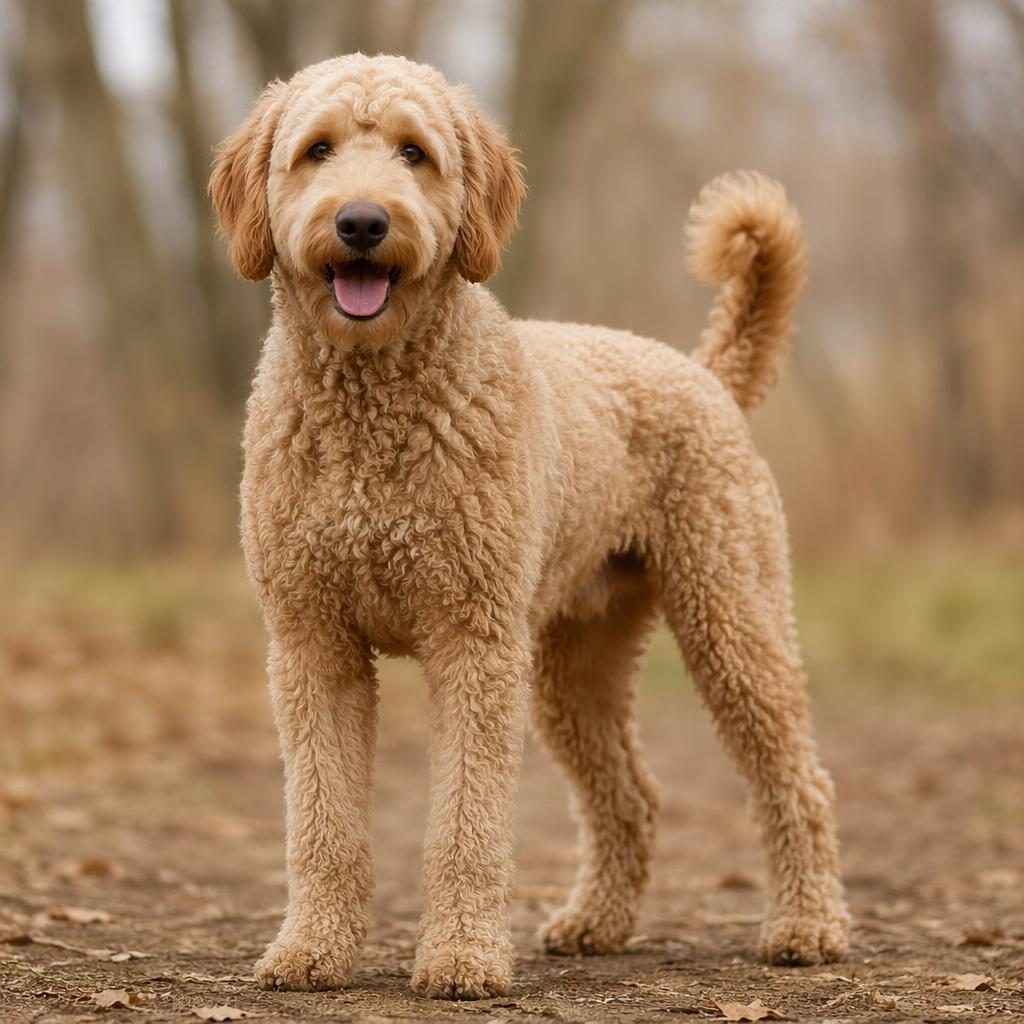 Ein einzelner realistischer Hundemix im Freien mit weichem Fell, neutralem Hintergrund und entspanntem Blick.