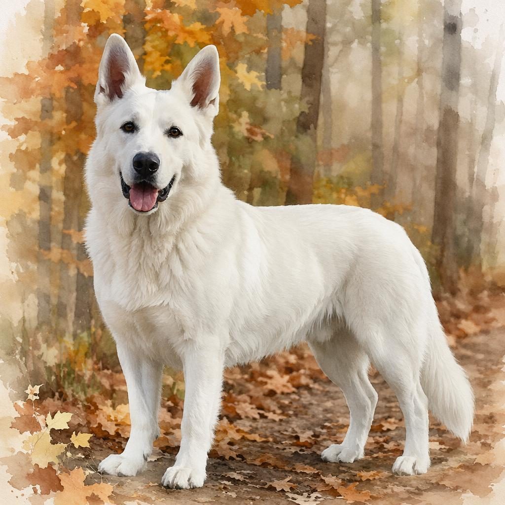Ein einzelner senioriger Mischhund im Aquarellstil steht entspannt in einem herbstlichen Wald bei weichem Naturlicht.