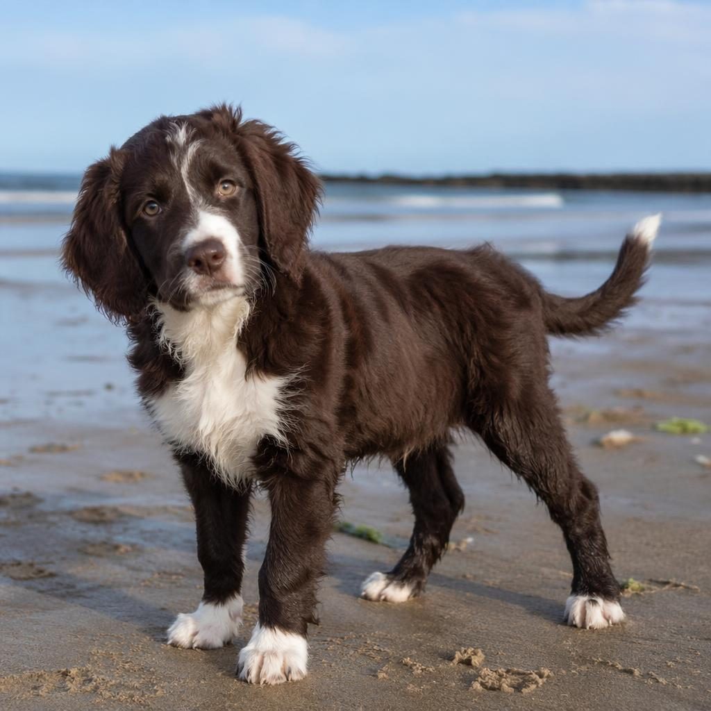 Single realistic puppy-like dog mix on a beach with soft natural light, friendly expression, sharp fur detail