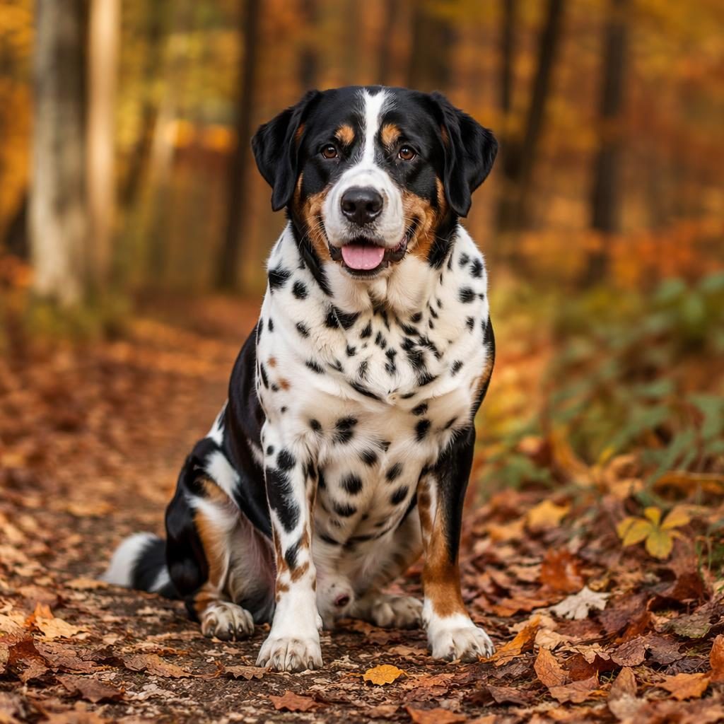 Single young adult mixed-breed dog in an autumn forest, relaxed and friendly, with spotted coat, soft light, and sharp fur detail.