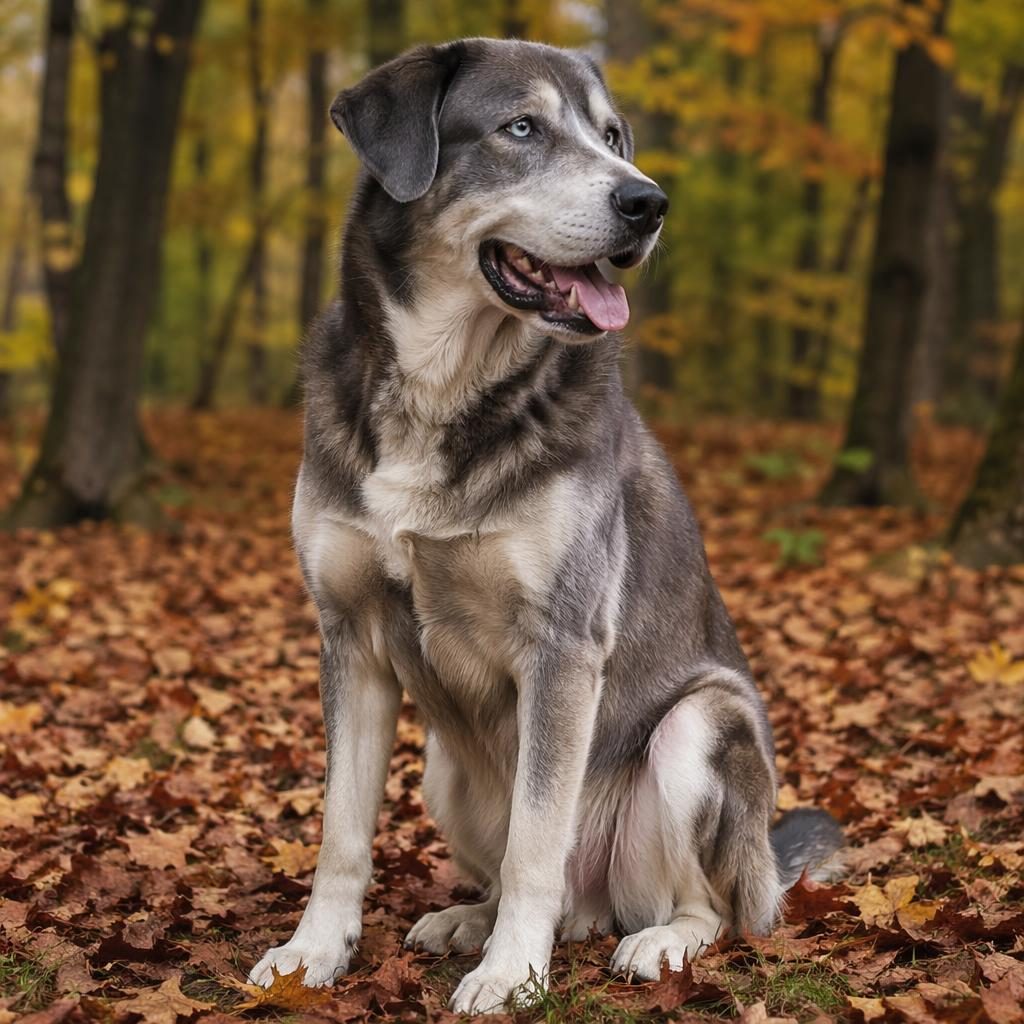 Senior Labrador Husky mix standing in an autumn forest, relaxed and friendly, with realistic fur in soft natural light