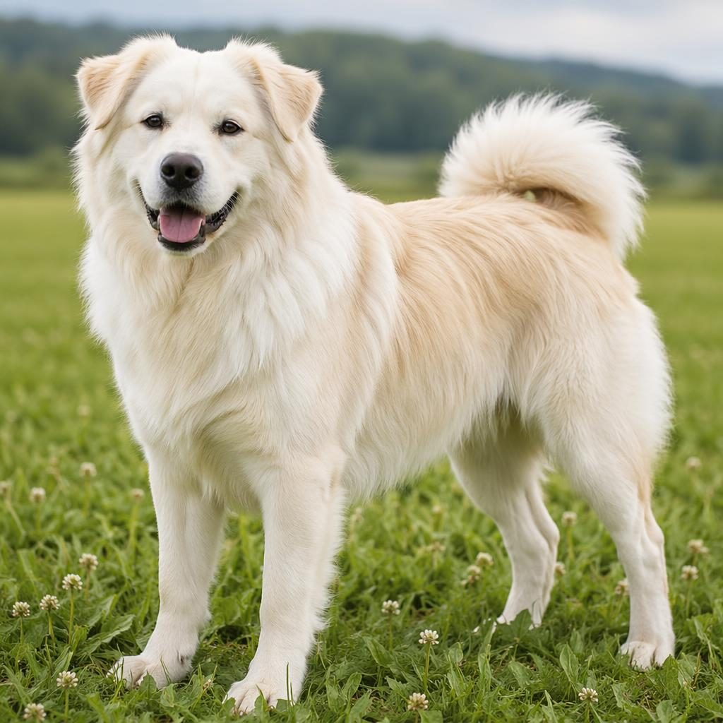 Senior cotralian-style hybrid dog illustration standing in a grass meadow, relaxed, well-groomed, with soft natural light