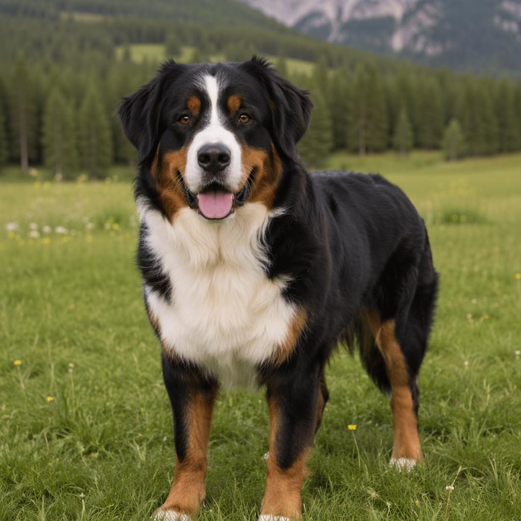 Ein einzelner junger Hund als bernersennen pyrenäenberghund mix steht entspannt auf einer grünen Wiese im weichen Tageslicht.