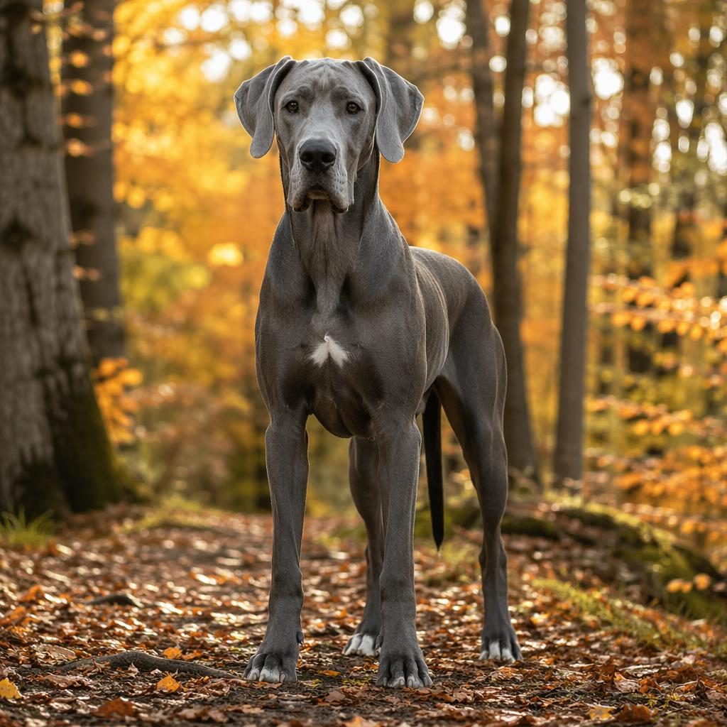 Ein einzelner erwachsener Mischlingshund im Herbstwald, freundlich, gepflegt, mit realistischer Fellstruktur und weichem Licht.