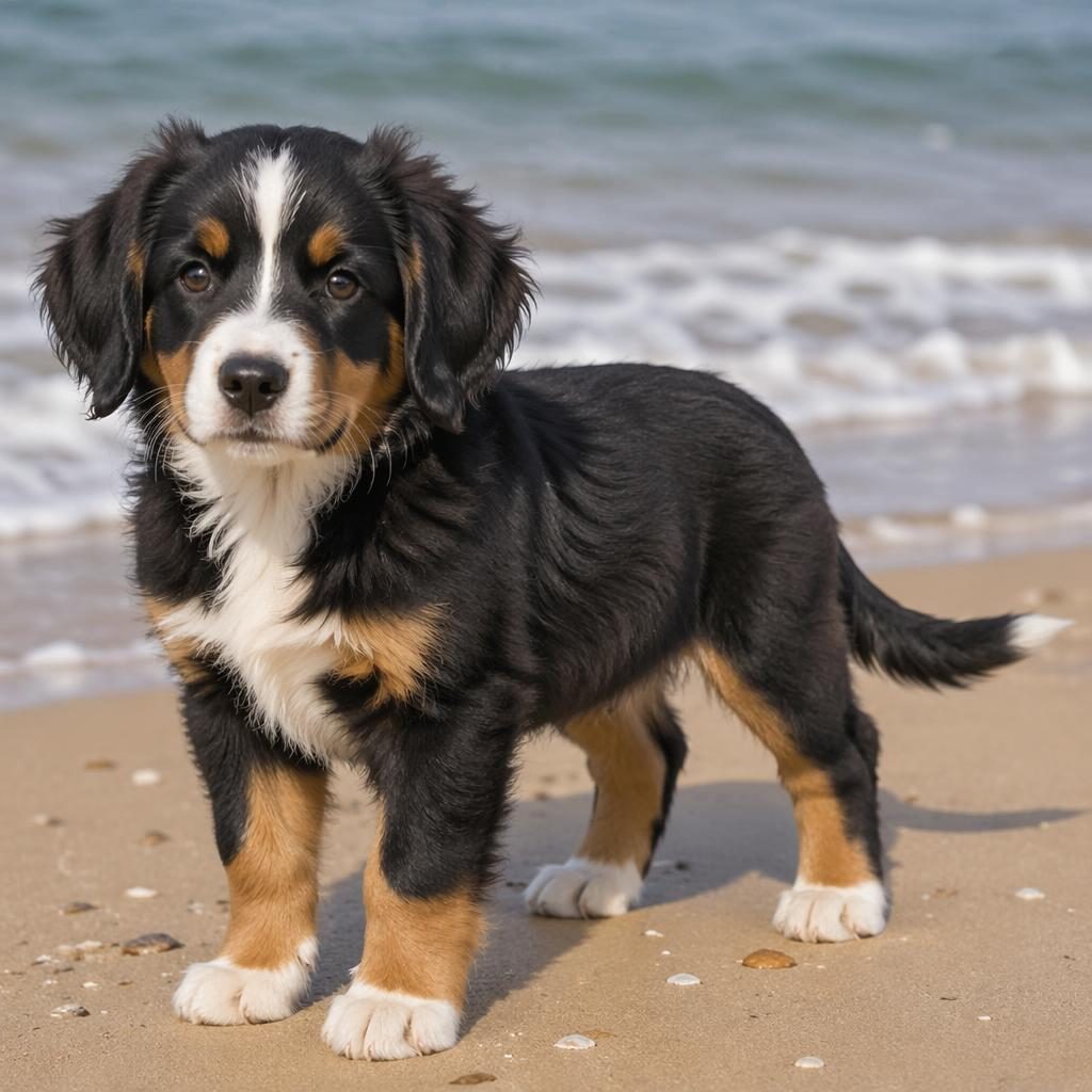 Ilustrace štěněte bernese mountain spaniel na pláži, s jemným světlem, realistickou srstí a přátelským výrazem.