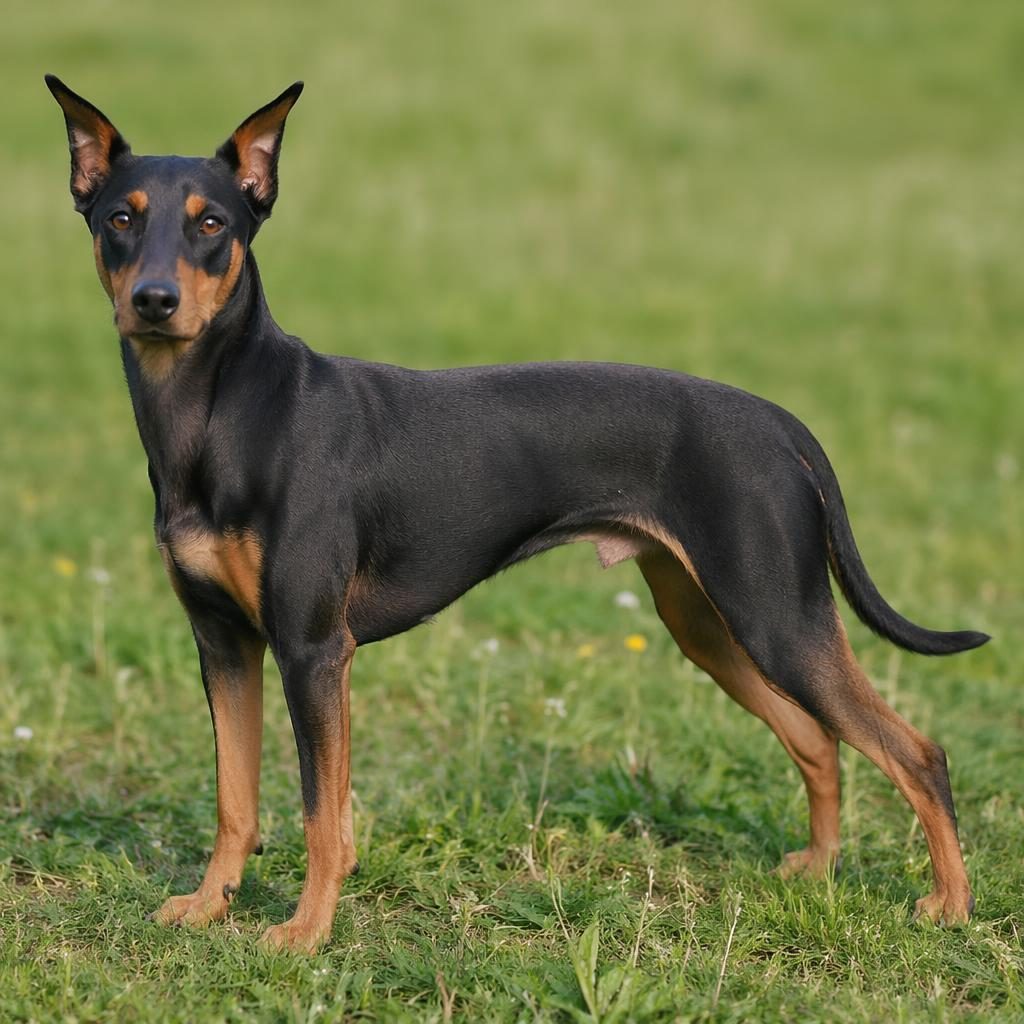 Ein einzelner realistischer Dobermann-Whippet-Mix als junge Hunderasse steht entspannt auf einer grünen Wiese.