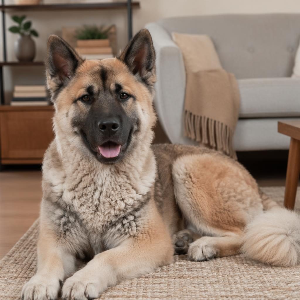 Ein einzelner Malinois-Akita-Mix als junger Erwachsener im gemütlichen Wohnzimmer, entspannt, gepflegt und fotorealistisch.