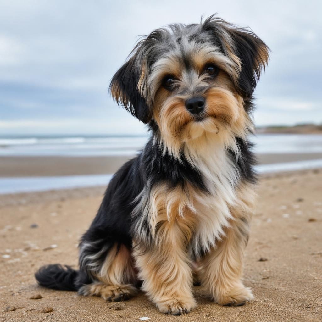 Chiot croisé grand danois chihuahua seul sur une plage, style studio, lumière douce, pelage net et expression amicale.