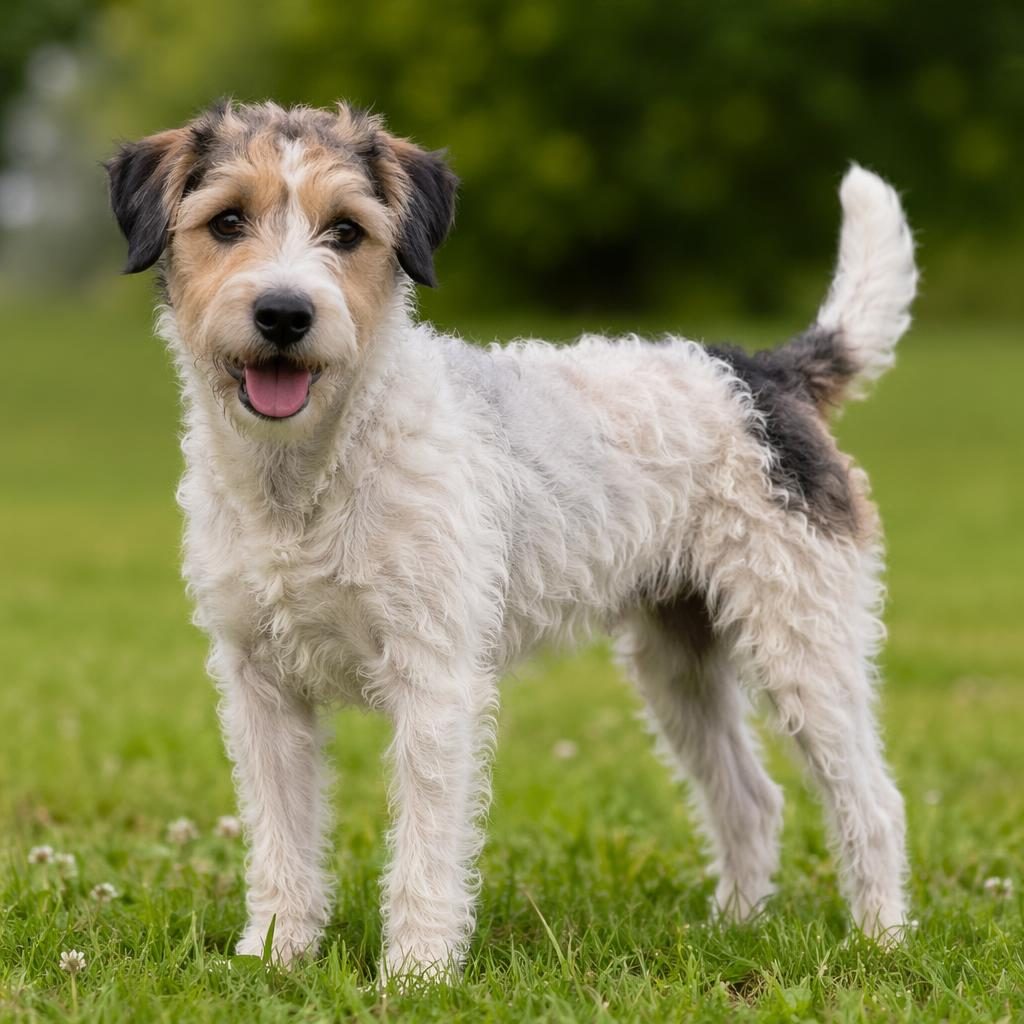 Ein einzelner senior Hund als parson russel pudel mix auf einer grünen Wiese, freundlich, gepflegt und fotorealistisch.