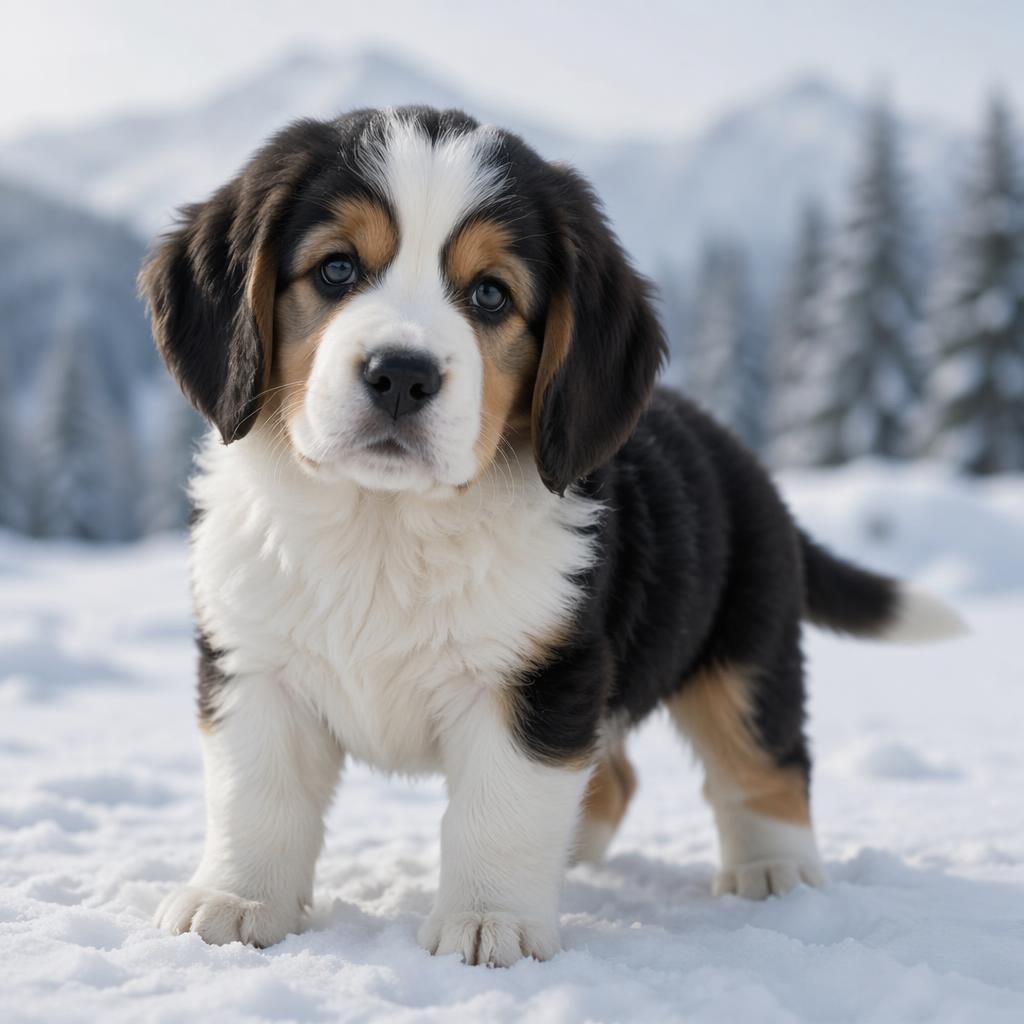 Illustration of a single beabull puppy with realistic fur, floppy ears, and a relaxed expression in a snowy landscape.