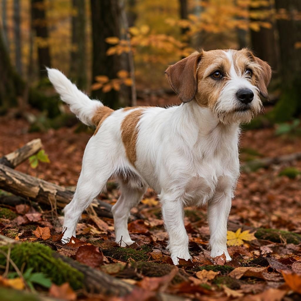 Illustration eines einzelnen Beagle-Dackel-Mix im Herbstwald, freundlich, entspannt, mit natürlichem Licht und detailreichem Fell