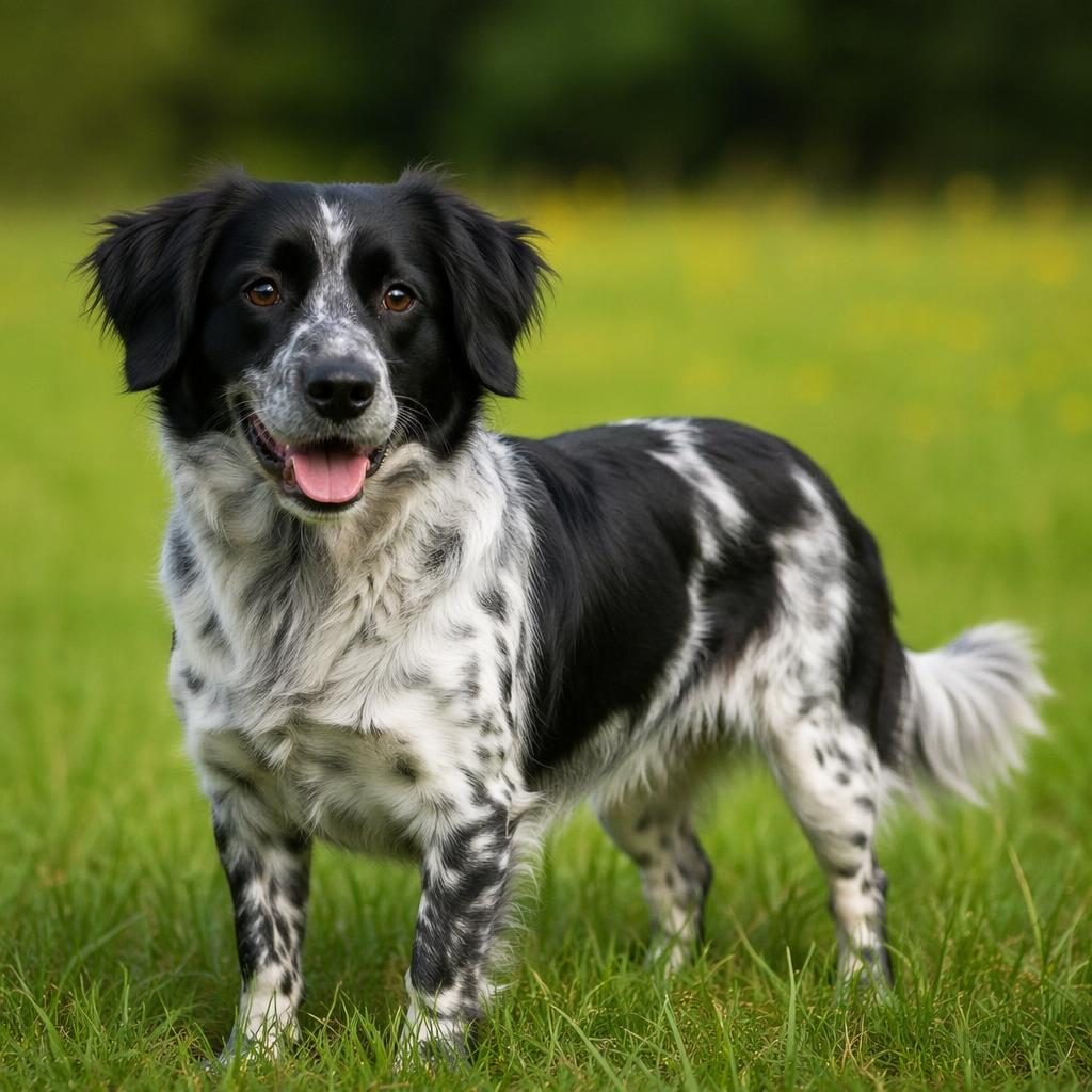 Portrait éditorial d’un jeune chien croisé en prairie, pelage réaliste, expression détendue, lumière naturelle douce.