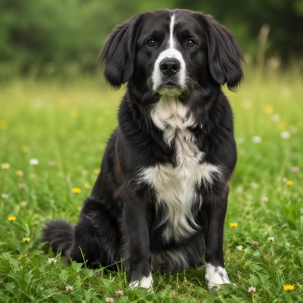 Ein einzelner senior Border-Collie-Boxer-Mischling steht entspannt auf einer grünen Wiese im weichen Tageslicht.