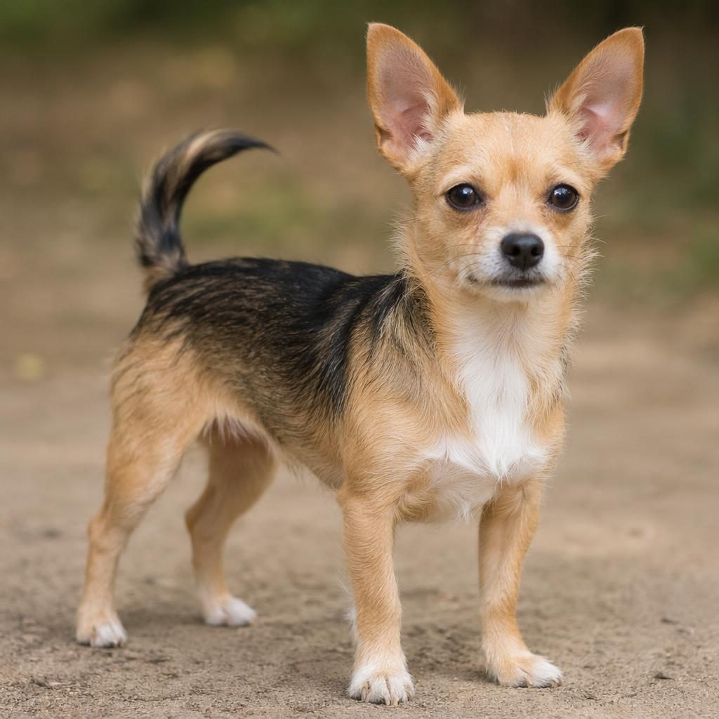 Single realistic hybrid dog outdoors with a rare coat, relaxed expression, soft light, and sharp fur detail.