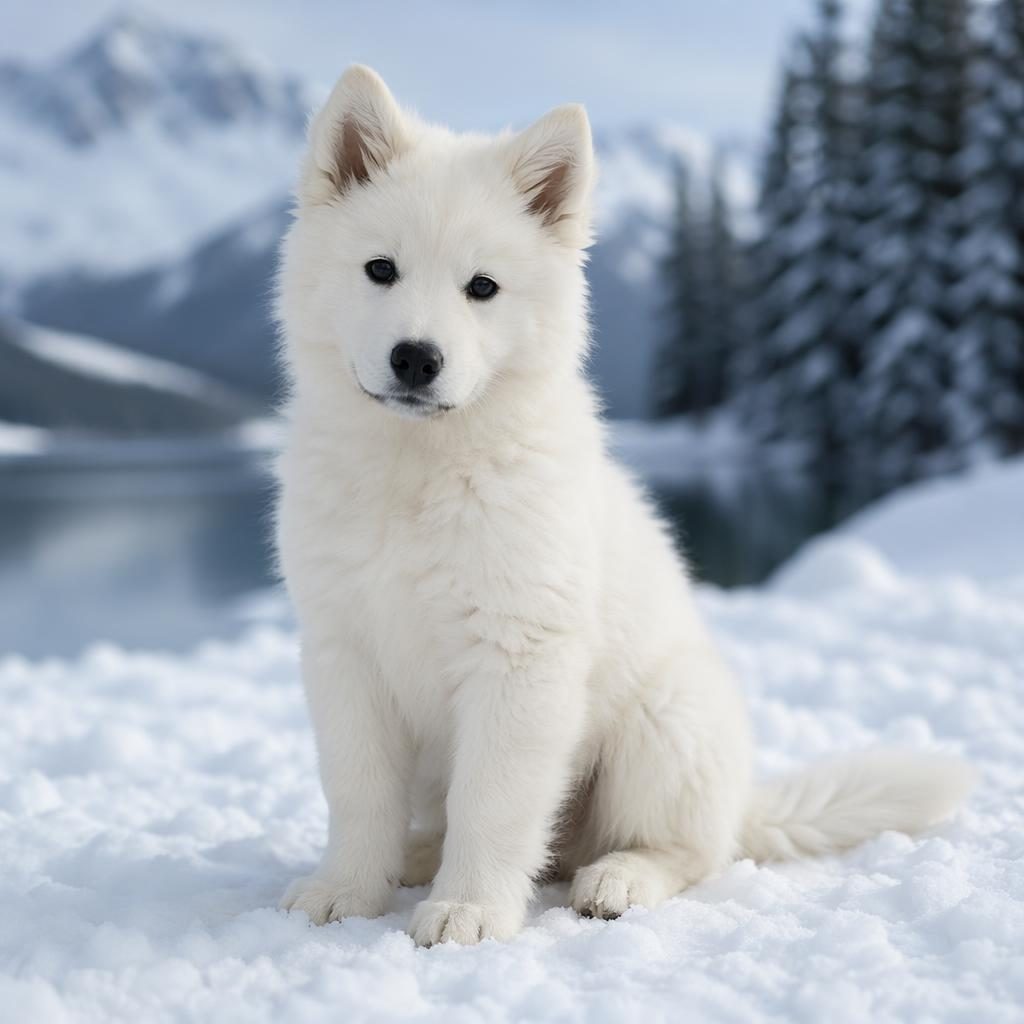 Editorial portrait of a friendly mixed-breed puppy in snow, with soft fur, relaxed expression, and natural light.