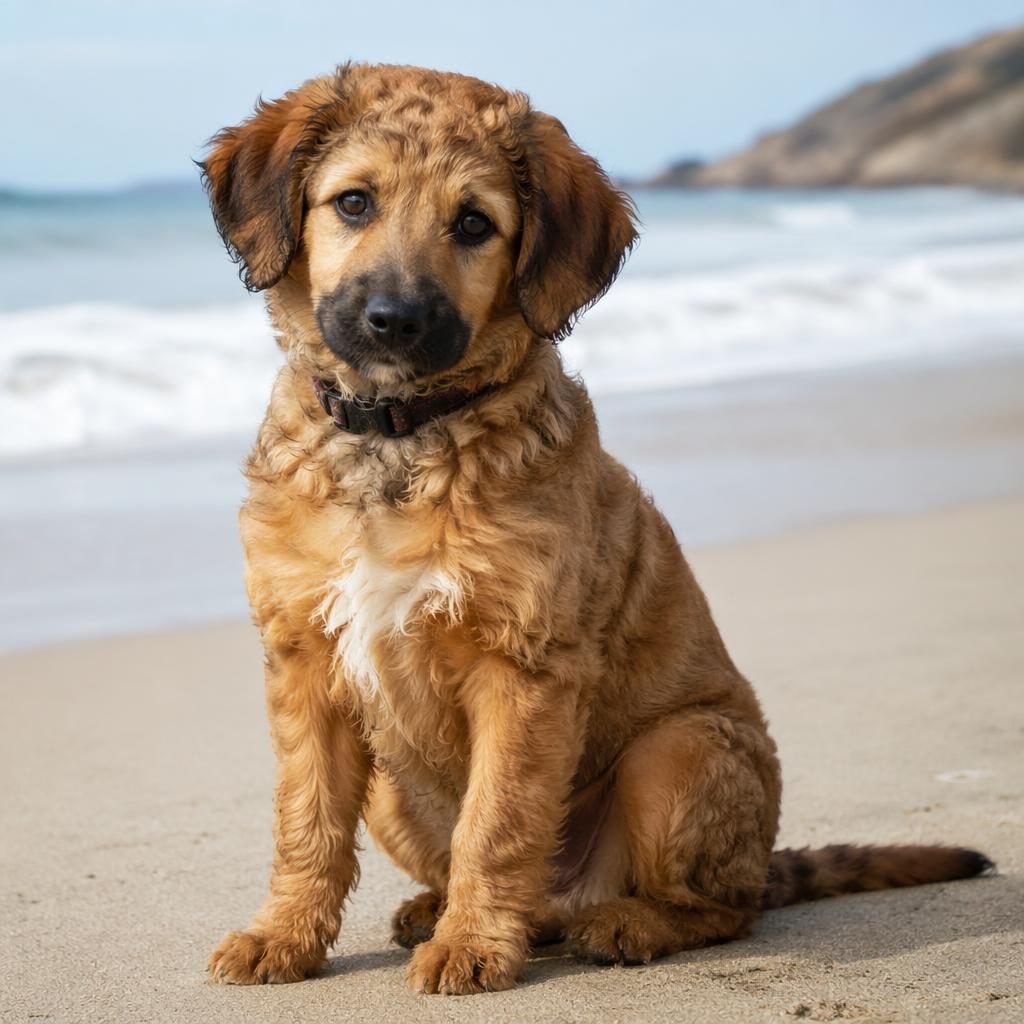 Realistic boxerdoodle puppy on a beach, relaxed and friendly, with soft natural light and detailed fur.